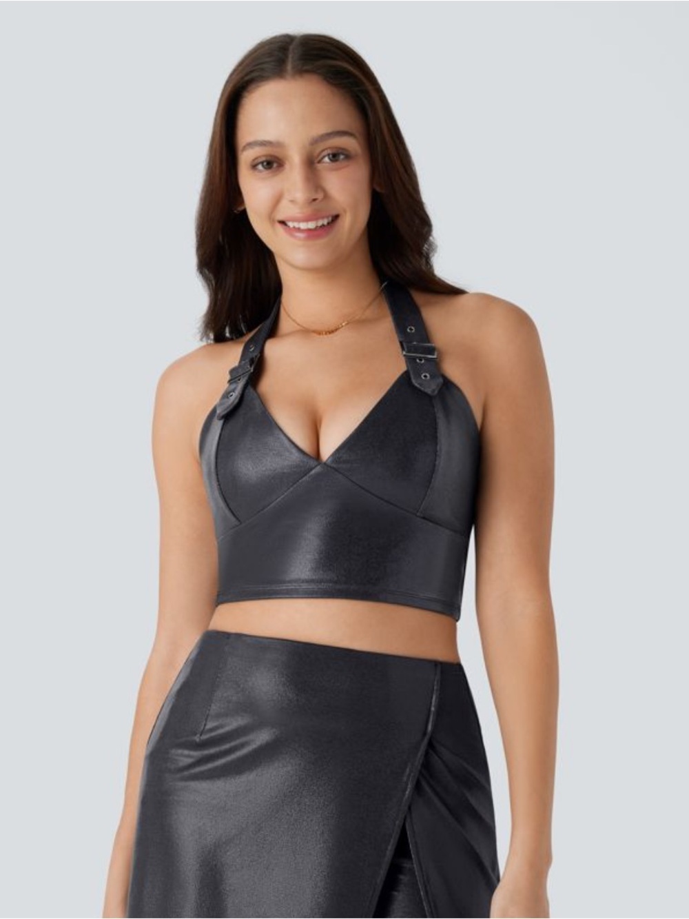 NWOT Halara Shiny Dusty Black SoftlyZero Faux Leather Halter Cropped Tank Top